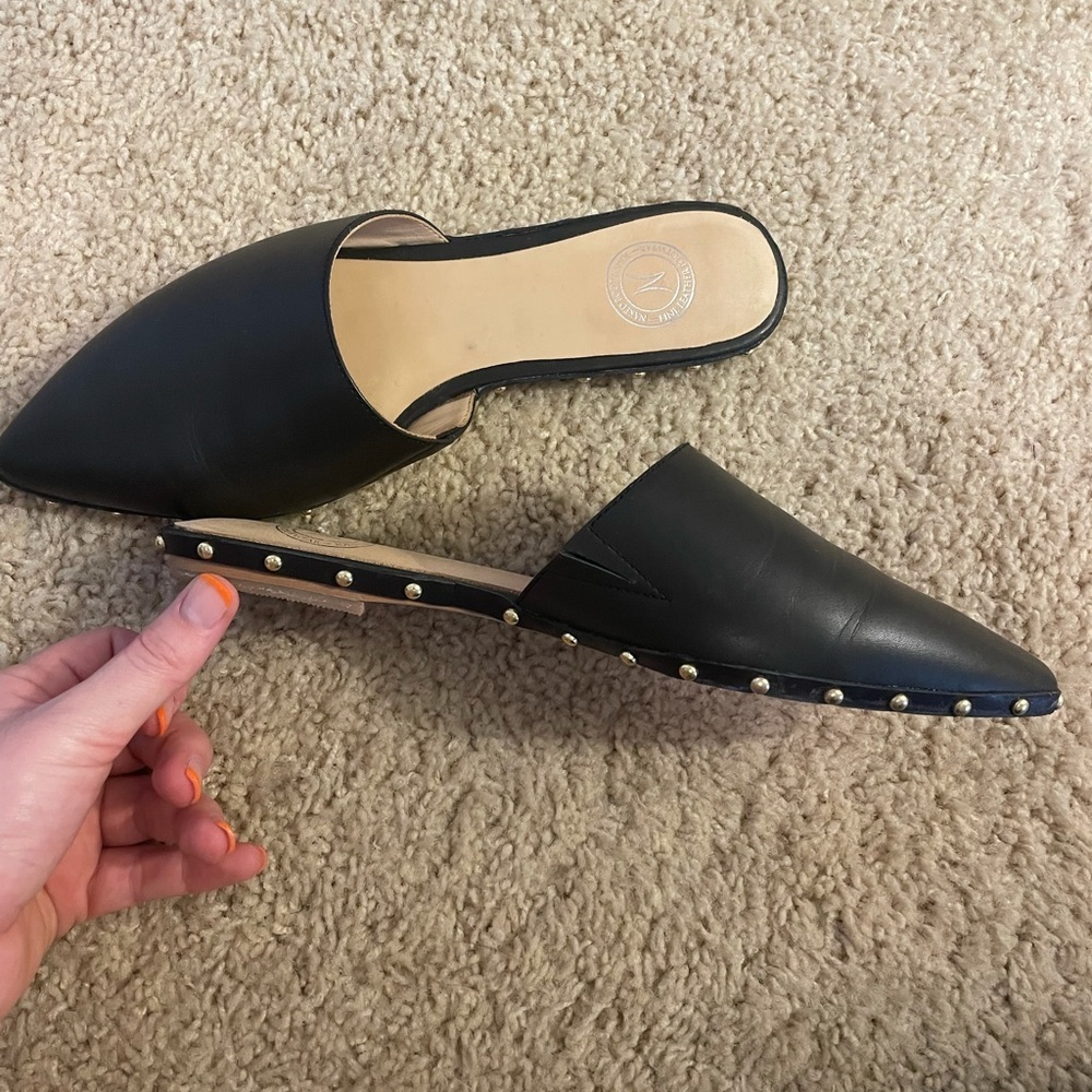 S4 -  Black leather studded slides / mules / flats pointed toe